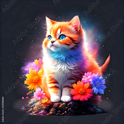 High quality digital clipart  illustrated with cute cat around flowers  suitable for commercial use.