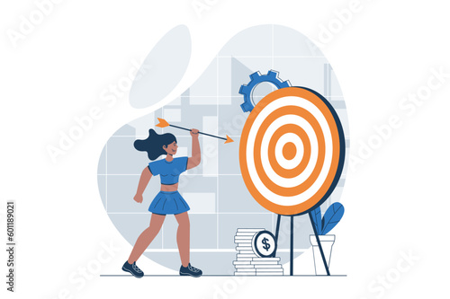 Business target web concept with character scene. Woman hits target with arrow, achieves results and profit. People situation in flat design. Vector illustration for social media marketing material.