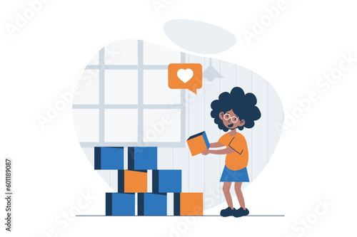Children playing web concept with character scene. Cute little girl builds cubes and plays with toys at home. People situation in flat design. Vector illustration for social media marketing material.