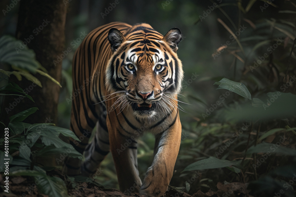 Bengal Tiger sneaking around in thick green forest - Generative AI Bengal Tiger sneaking around in thick green forest - Generative AI