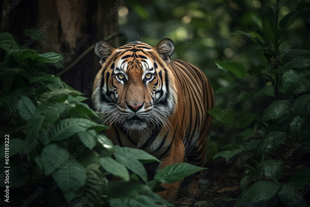 Bengal Tiger sneaking around in thick green forest - Generative AI