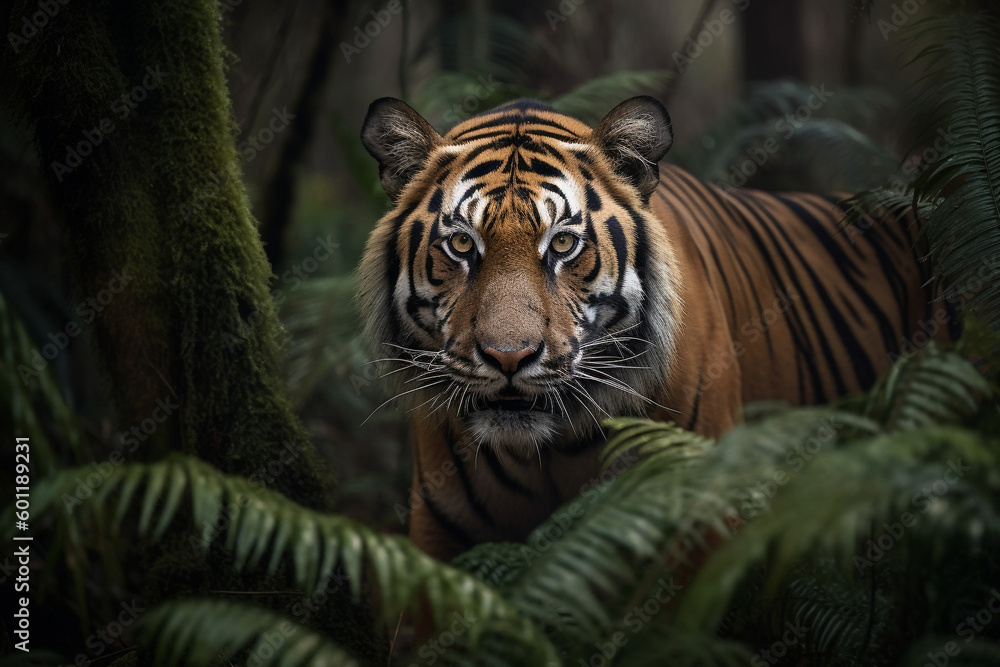Obraz premium Tiger stalkin prey in forest - Generative AI