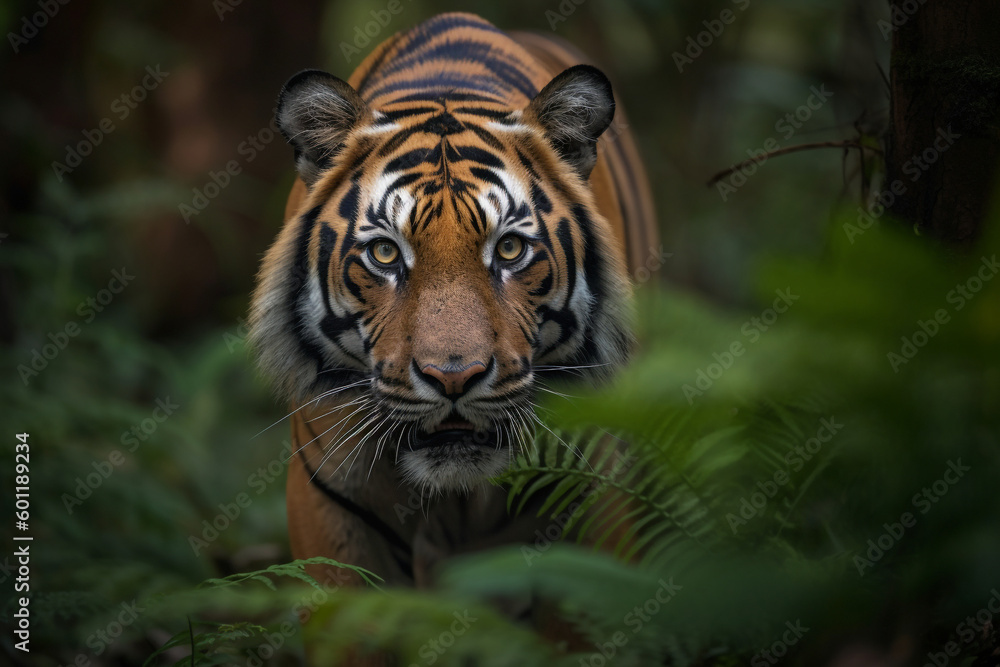 Bengal Tiger sneaking around in thick green forest - Generative AI Bengal Tiger sneaking around in thick green forest - Generative AI