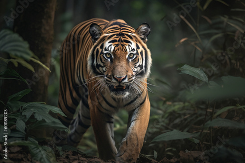 Bengal Tiger sneaking around in thick green forest - Generative AI