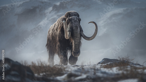 Mammoth in icy tundra, snow storm - Generative AI