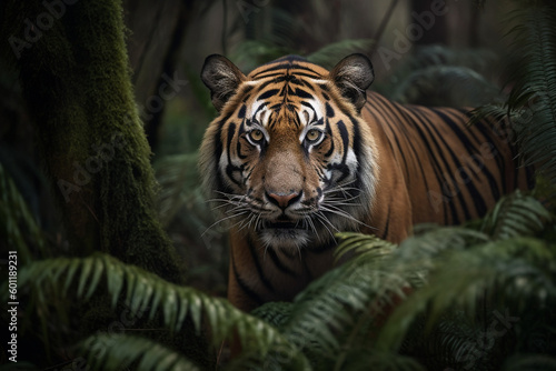 Tiger stalkin prey in forest - Generative AI