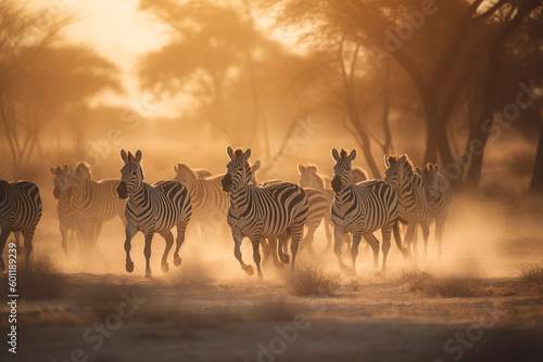 Herd of zebras running in dusty african savanna - Generative AI