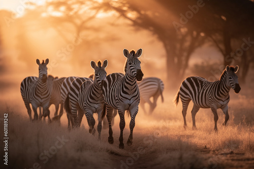 Herd of zebras running in dusty african savanna - Generative AI