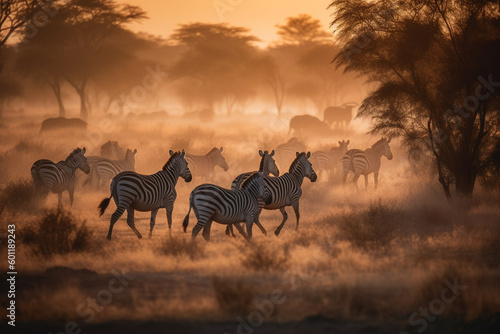Herd of zebras running in dusty african savanna - Generative AI