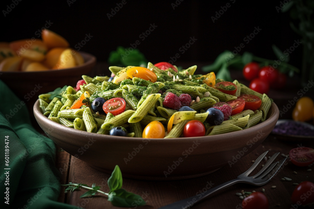 Pesto Pasta dish with cherry tomatos on brown plate with herbs - Generative AI