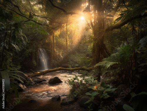 Small waterfall in green rain forest lit by golden sun - Generative AI