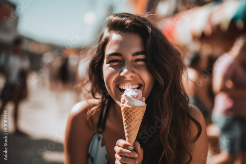 Young adult white woman eating ice cream on beach - Generative AI