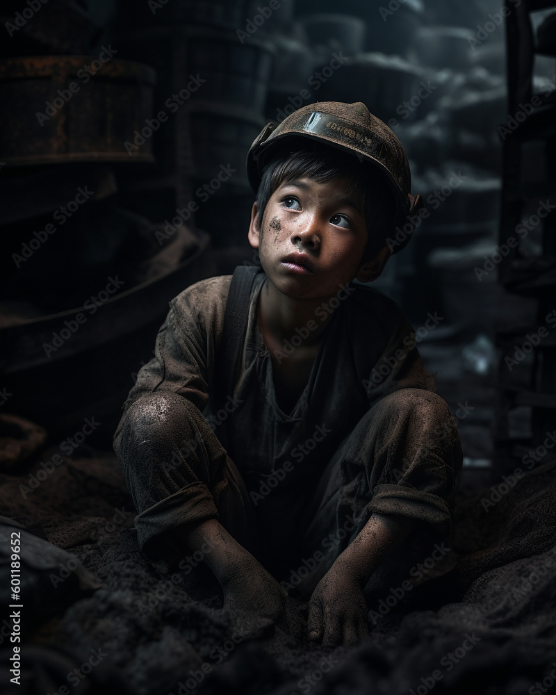 Young indian boy coal miner living in poverty on street - Generative AI Young indian boy coal miner living in poverty on street - Generative AI