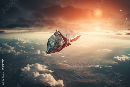 Mixed media origami plane soaring in the sky. Generative AI