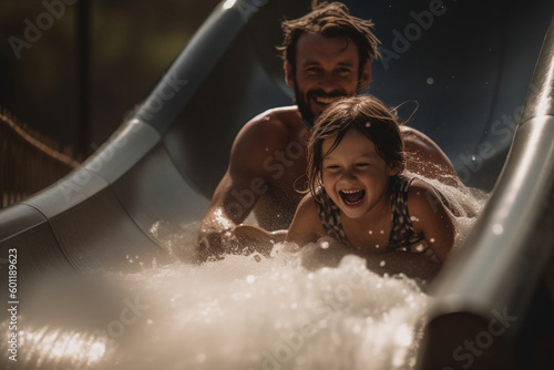 Father and daughter on a waterslide - Generative AI photo