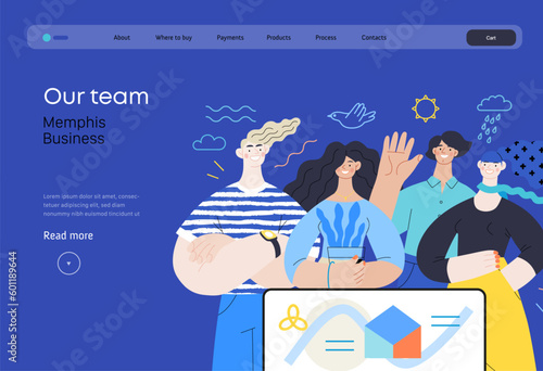 Memphis business illustration - our team, header. Flat style modern outlined vector concept illustration. Group of people, creaw, standing together. Corporate teamwork business metaphor.