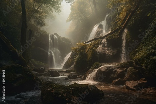 A captivating artwork depicting a misty waterfall and abundant woodland. Generative AI