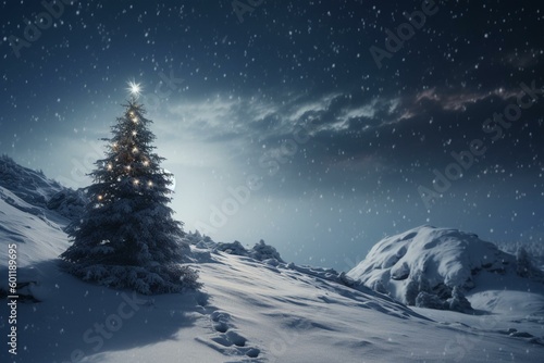 Christmas tree wallpaper with mountain and moon illustration under a cloudy sky. Generative AI