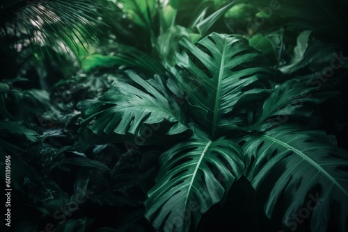 Close-up of lush green foliage. A tropical background image. Generative AI