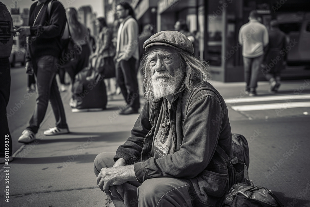 Senior man beggar with beard sitting on street - Generative AI