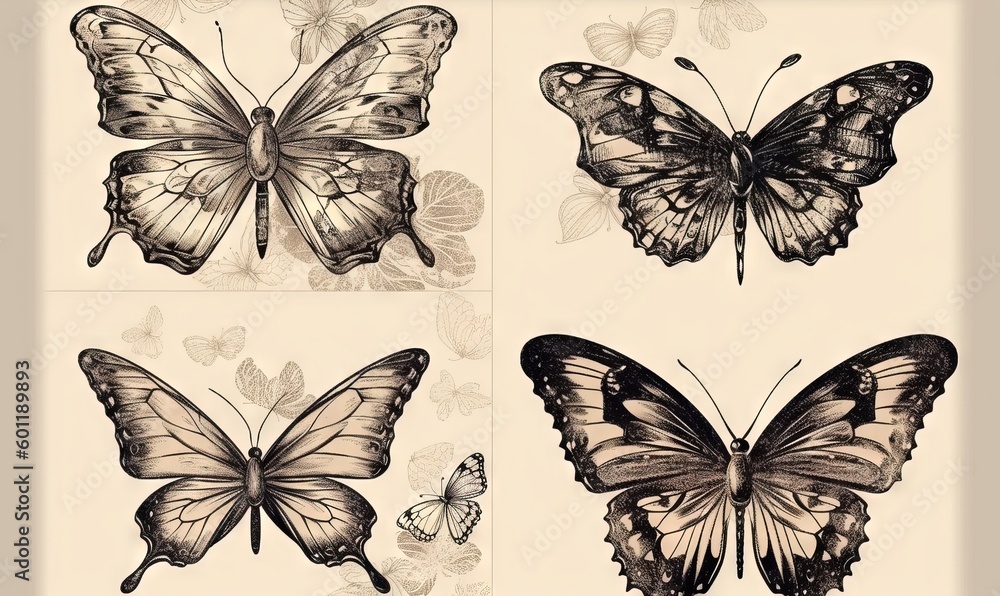 Fototapeta premium four different butterflies with different colors and sizes of them on a white background. generative ai