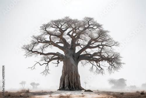 Fototapete African baobab tree growing in dusty savanna - Generative AI