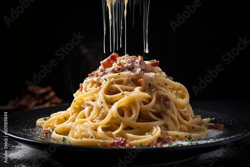 Spaghetti carbonara Pasta dish on black plate with green herbs - Generative AI