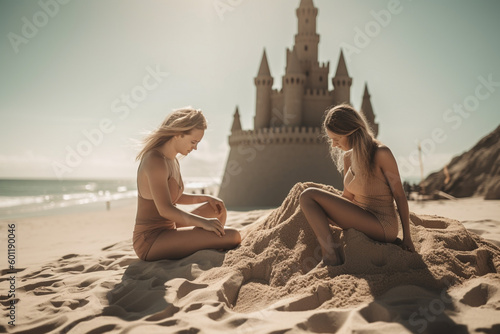 Two young adult white women building a sand castle at the beach - Generative AI