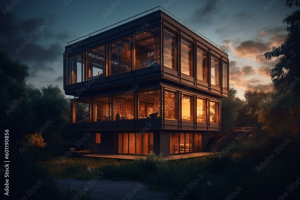 A wooden cubic house in twilight exudes harmony. Generative AI