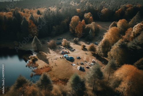 Aerial view of Longemer Lake campsite in the French Vosges. Generative AI photo