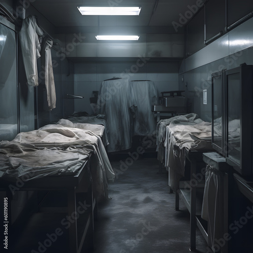 Inside an abandoned morgue in rundown hospital. generative ai