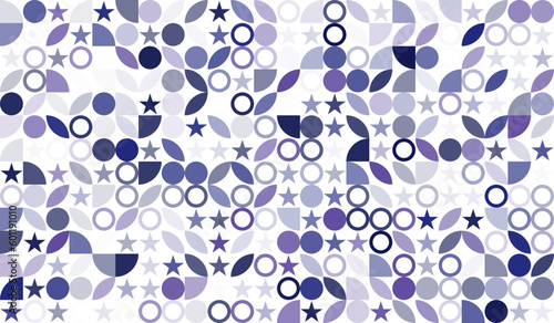 Pattern with white, purble, blue colors star, lines, circle ,oval	