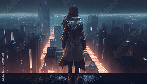 Girl Standing on a Rooftop Overlooking a Neon City in the Rainy Night with Generative AI