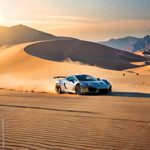 Hyper car on desert sand road . Generative AI