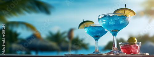 Banner with Blue Loguna cocktail. Generative AI. photo