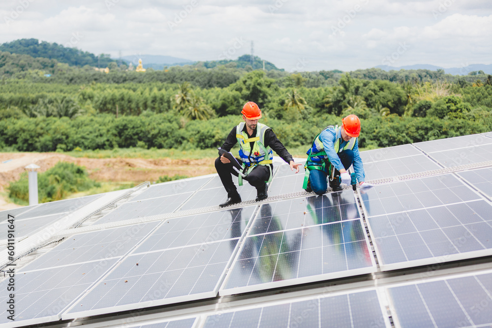 Fototapeta premium Technician engineer planning to setting solar panel on the roof of the building to work at full efficiency, Using solar cells for energy saving to save and protect environment. Renewable energy