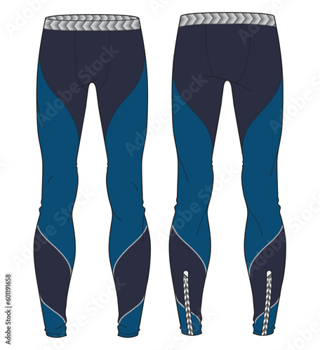 Men's Leggings Compression Tights Front and Back View.  Fashion Illustration, Vector, CAD, Technical Drawing, Flat Drawing, Template, Mockup.