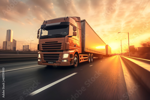 Logistics import export and cargo transportation industry concept of Container Truck run on highway roads at sunset, moving by motion blur effect 