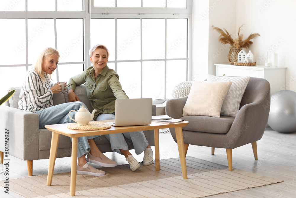 Happy mature women with laptop at home Happy mature women with laptop at home