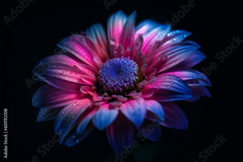 A daisy in neon blue  violet  and pink in the dark. Generative AI