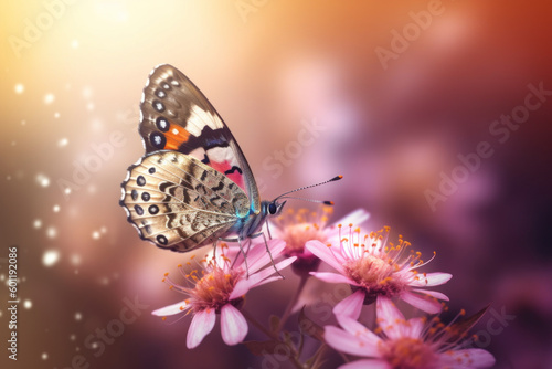 Romantic natural floral background with a butterfly on flower with bokeh, close-up macro.