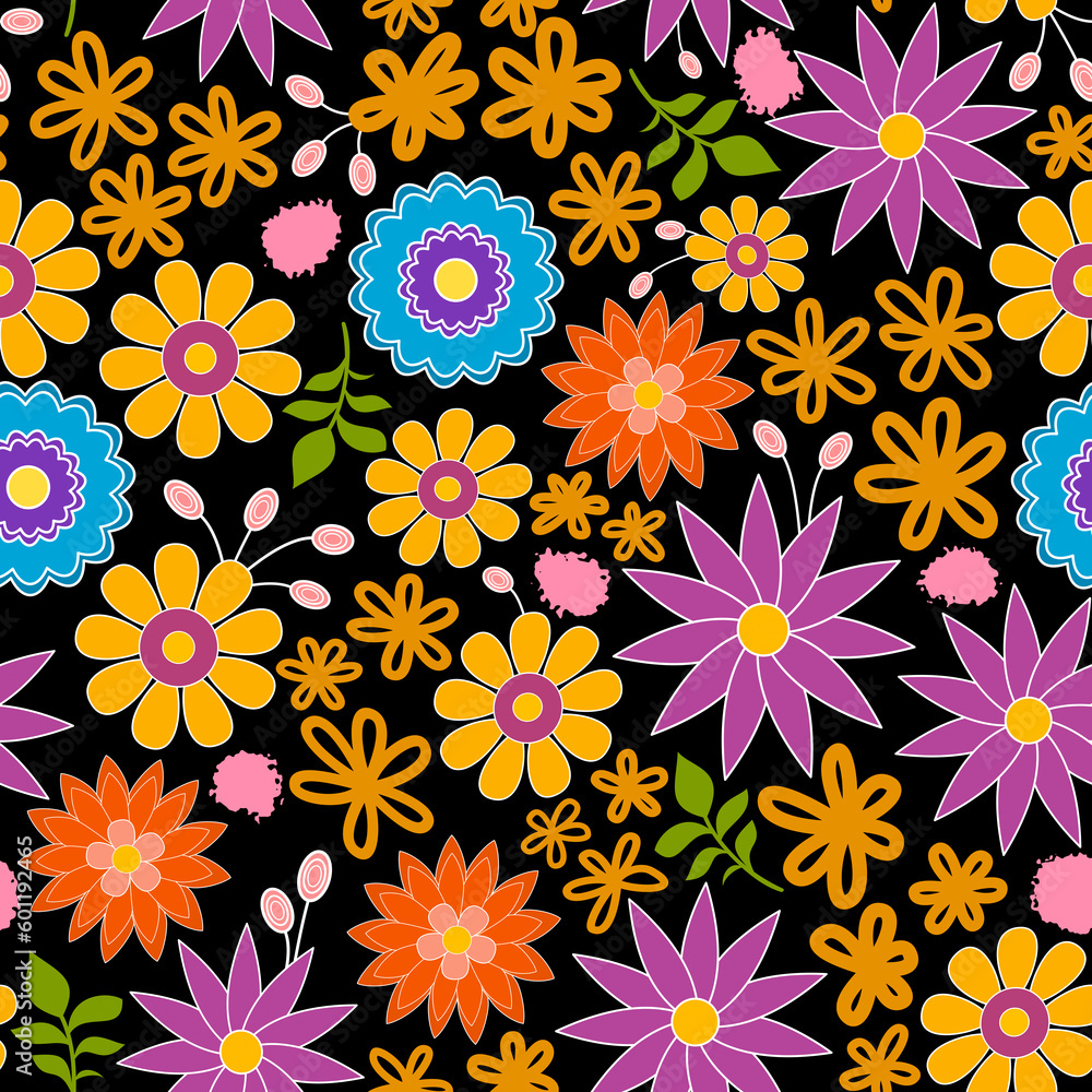 Seamless pattern with flowers on a black background.