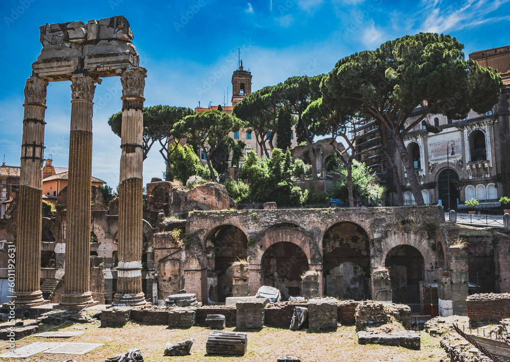 Forum Romanum, serce starożytnego Rzymu, pełne jest ruin świątyń, bazylik i innych ważnych budynków. Te historyczne pozostałości przemawiają o potędze i skomplikowanej historii Rzymu. - obrazy, fototapety, plakaty 