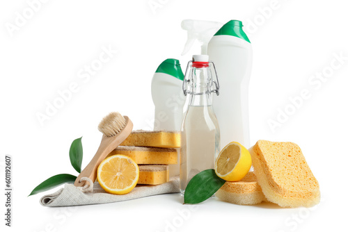 Bottles of vinegar, detergents, lemons, brush and sponges on white background