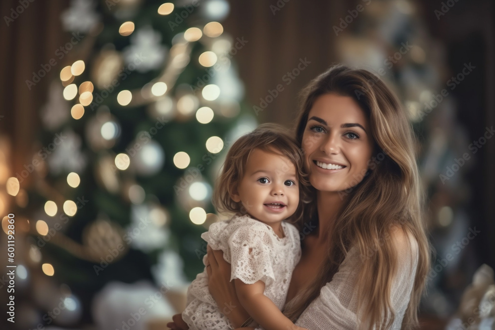 young adult woman with her child, toddler girl and mother woman, at christmas in living room with christmas presents and christmas tree. Generative AI young adult woman with her child, toddler girl and mother woman, at christmas in living room with christmas presents and christmas tree. Generative AI