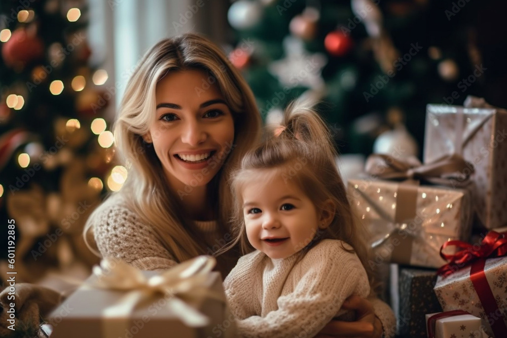 young adult woman with her child, toddler girl and mother woman, at christmas in living room with christmas presents and christmas tree. Generative AI