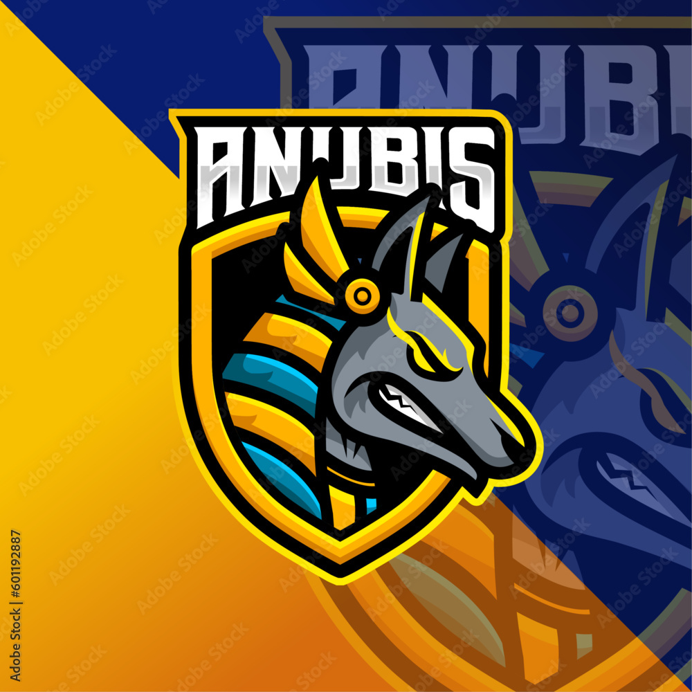 Fototapeta premium Anubis in Shield mascot esports logo design vector with modern character cartoon illustration concept style for badge, emblem and tshirt printing. Esports logo for sport, gamer, channel, livestreamer