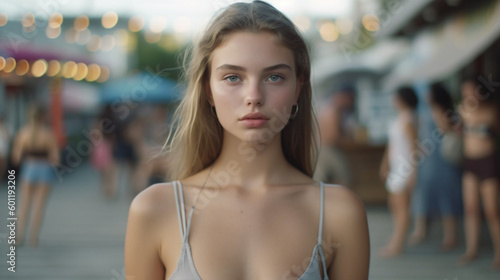 attractive young adult woman wearing tank top at small local fest event, slim body, confident to arrogant or shy introvert, caucasian. Generative AI