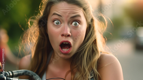 young adult woman or teenager on bicycle with very scared expression on face. Generative AI