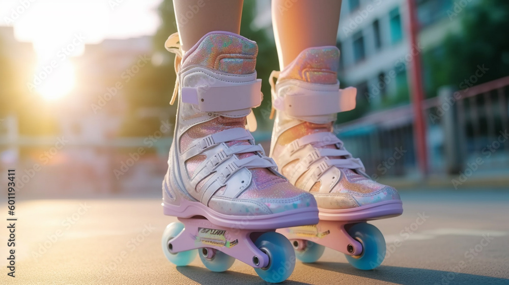 girl on children's inline skates outside in a square or schoolyard, sunny day, pink roller skates, ground view. Generative AI